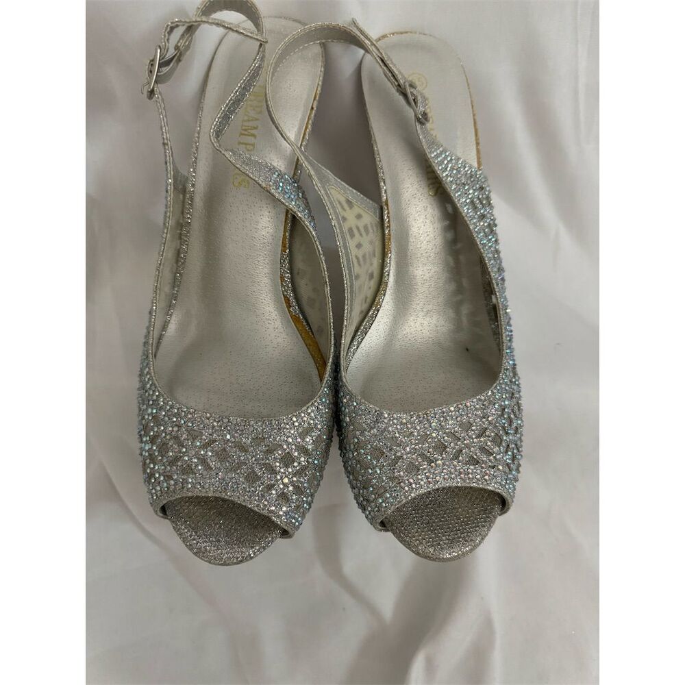 Gina Women's Silver Rhinestone Peep Toe Slingback Heels Size 9.5